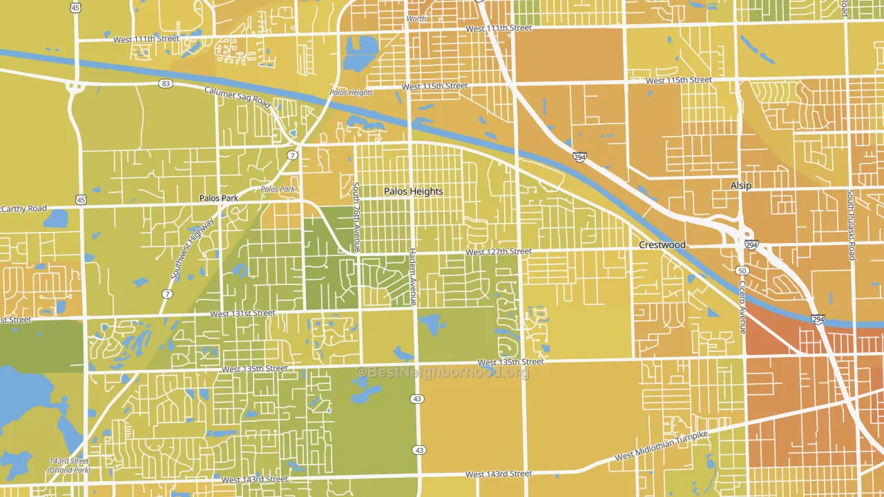 Map of the best neighborhoods in the Palos Heights area, with better matches in green and worse matches in red