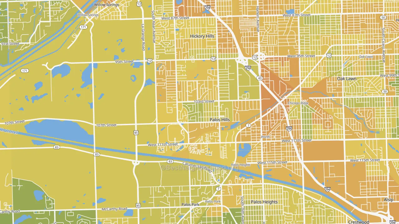 Map of the best neighborhoods in the Palos Hills area, with better matches in green and worse matches in red