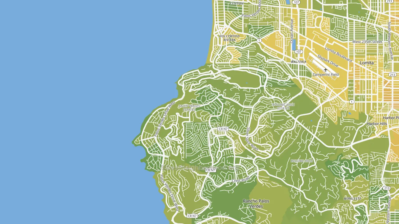 Map of the best neighborhoods in the Palos Verdes Estates area, with better matches in green and worse matches in red