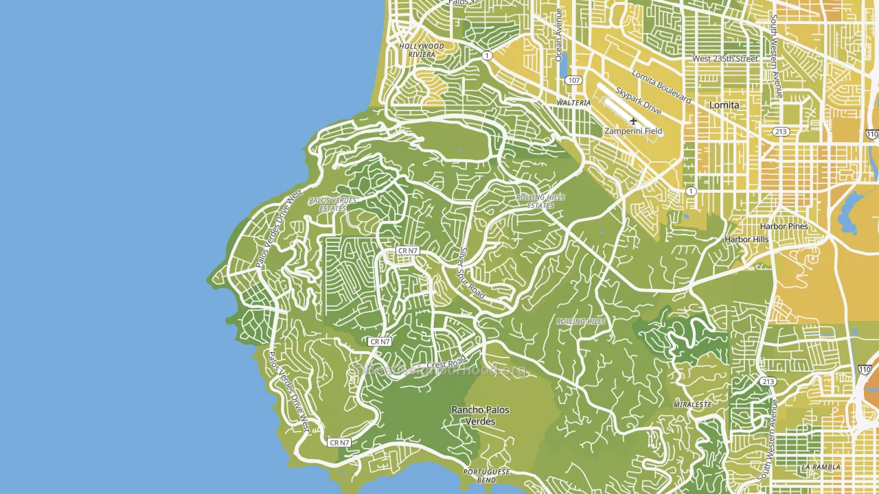 Map of the best neighborhoods in the Palos Verdes Peninsula, Torrance area, with better matches in green and worse matches in red