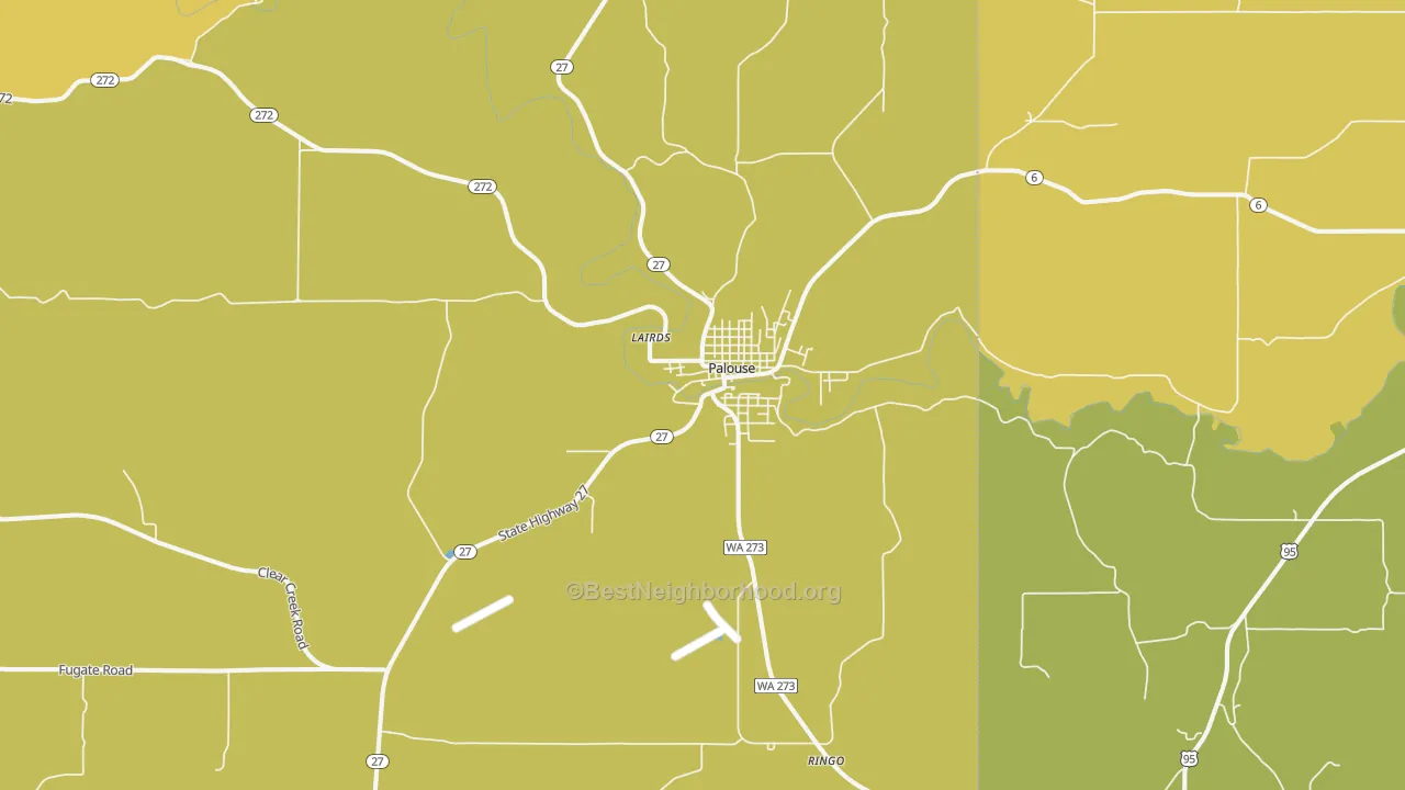 Map of the best neighborhoods in the Palouse area, with better matches in green and worse matches in red