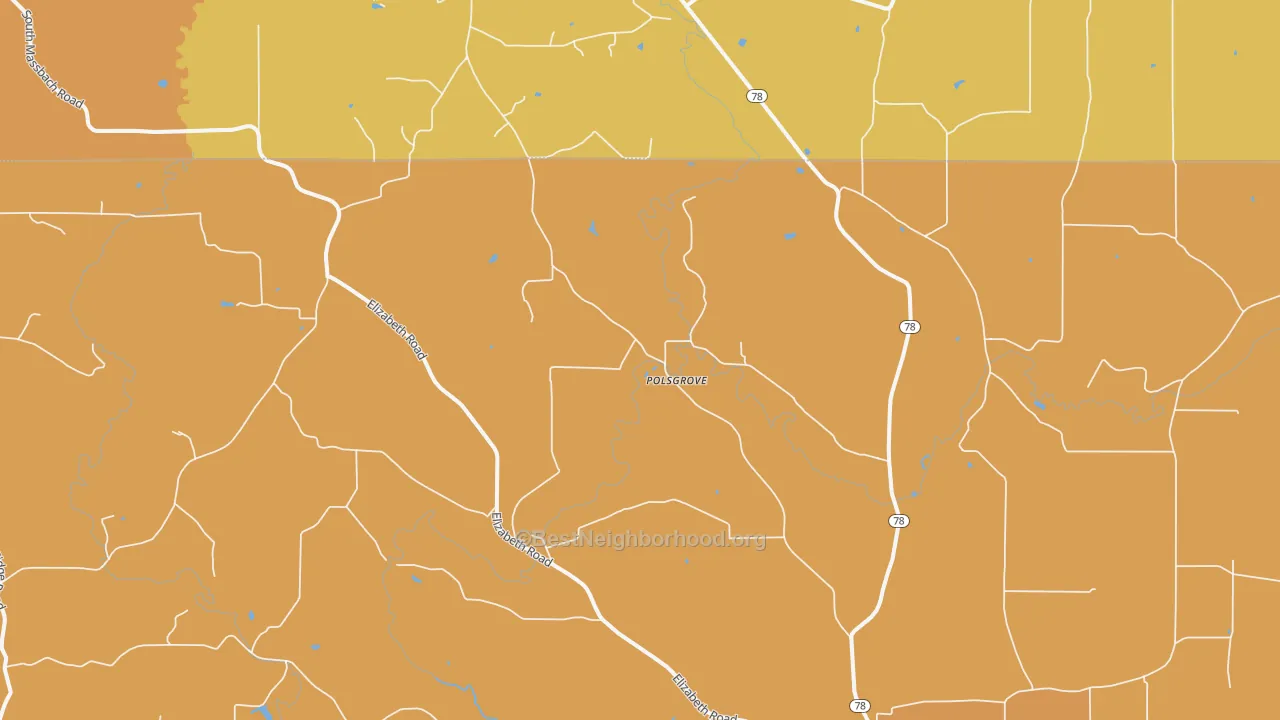 Map of the best neighborhoods in the Palsgrove area, with better matches in green and worse matches in red