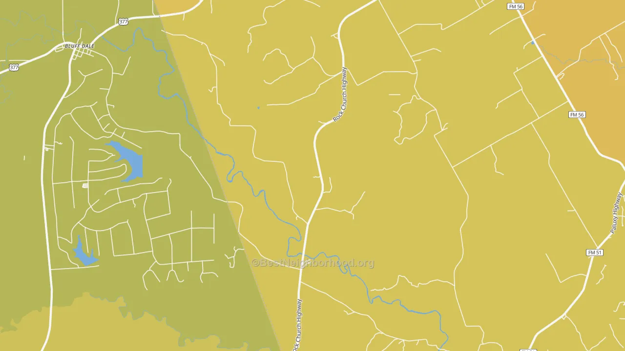 Map of the best neighborhoods in the Paluxy area, with better matches in green and worse matches in red