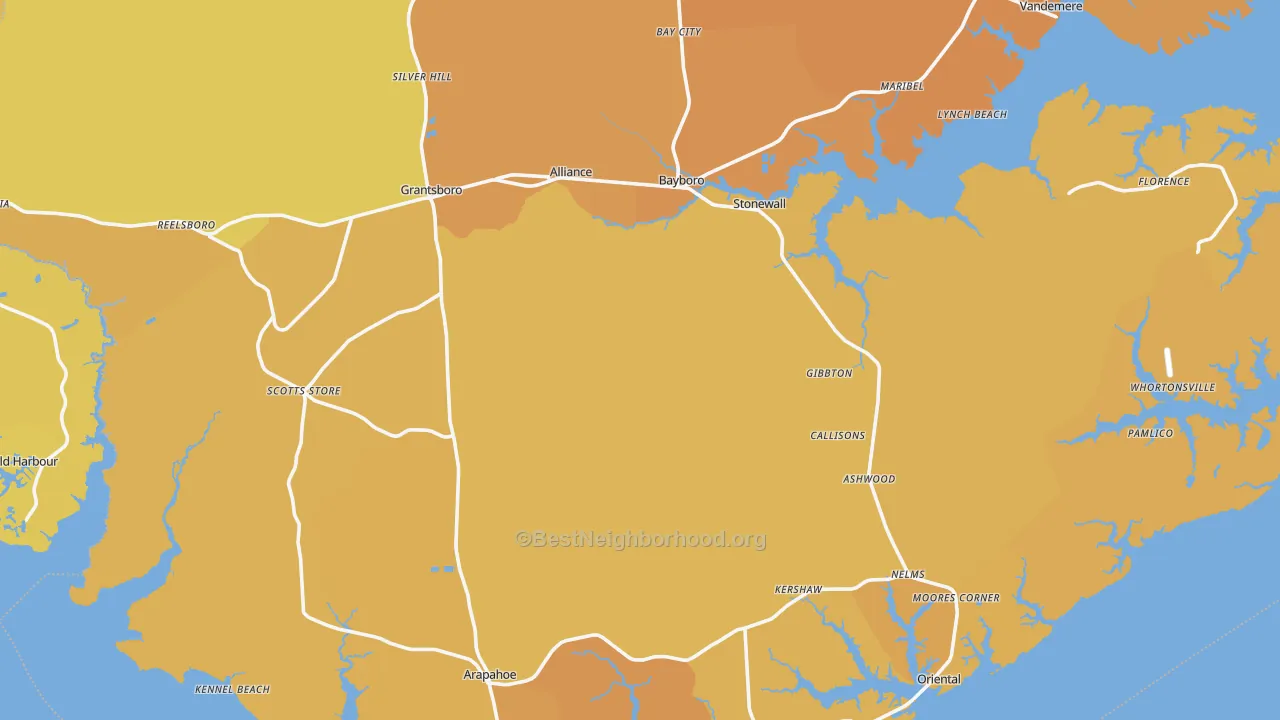 Map of the best neighborhoods in the Pamlico County area, with better matches in green and worse matches in red