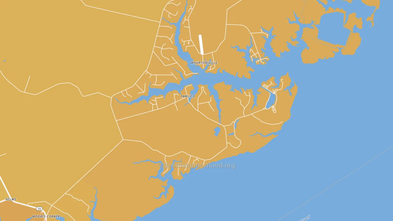 Map of the best neighborhoods in the Pamlico area, with better matches in green and worse matches in red