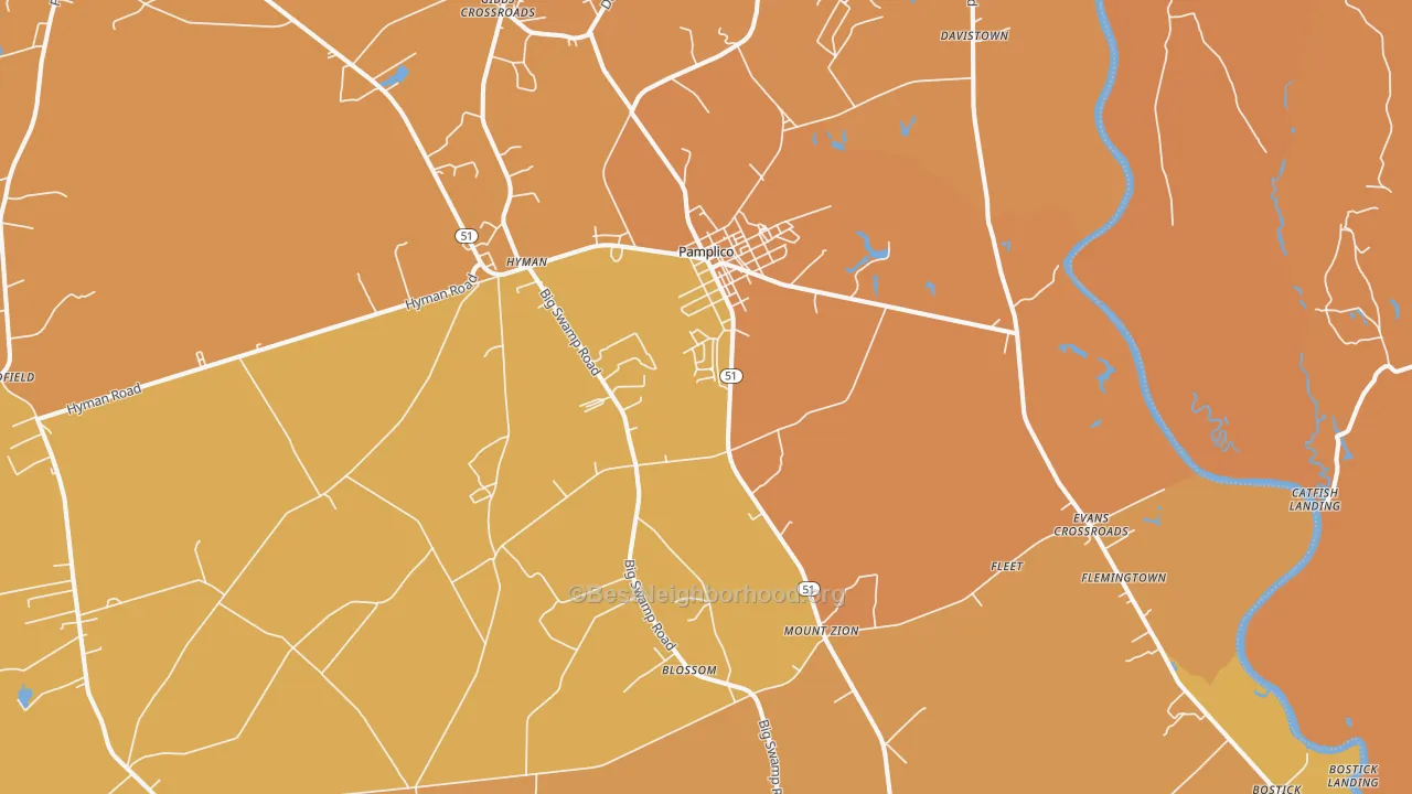 Map of the best neighborhoods in the Pamplico area, with better matches in green and worse matches in red