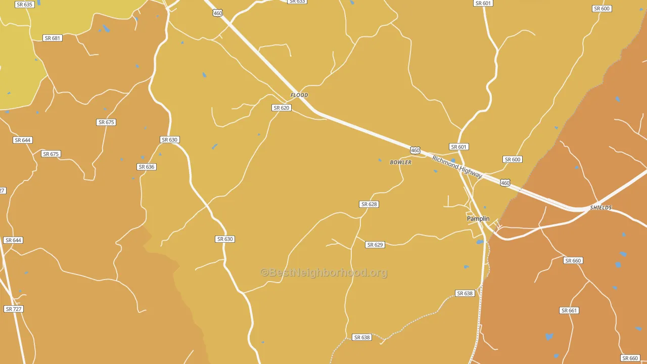 Map of the best neighborhoods in the Pamplin City area, with better matches in green and worse matches in red