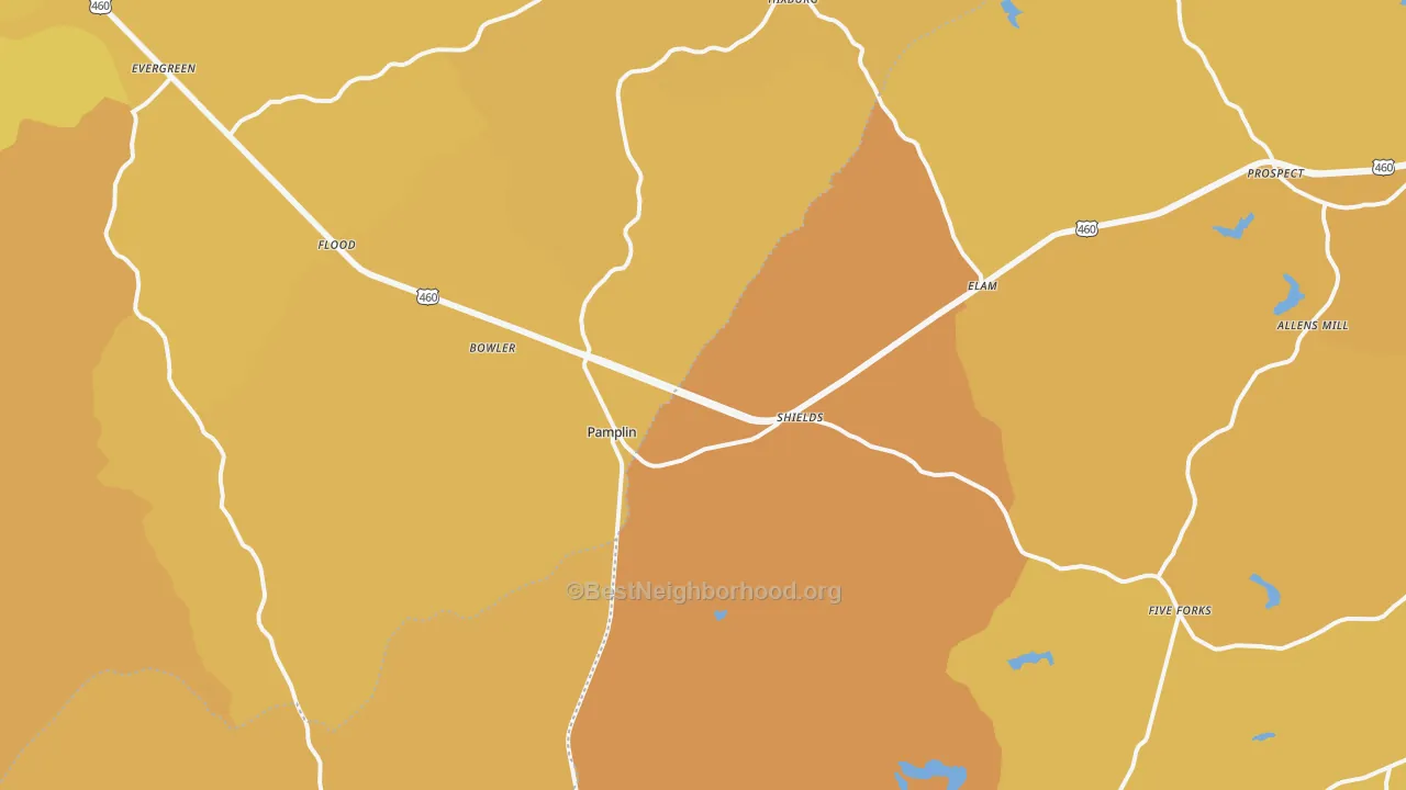 Map of the best neighborhoods in the Pamplin area, with better matches in green and worse matches in red