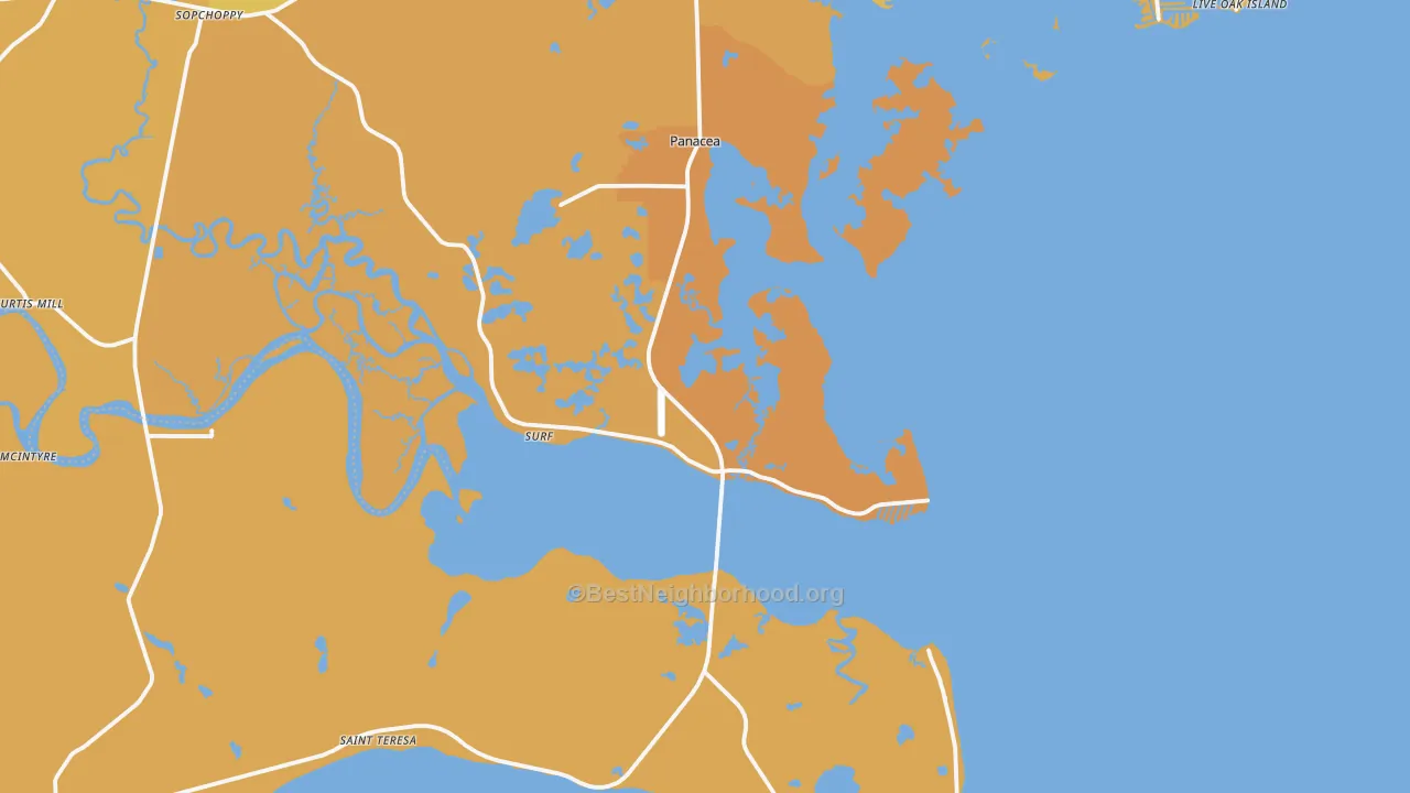 Map of the best neighborhoods in the Panacea area, with better matches in green and worse matches in red