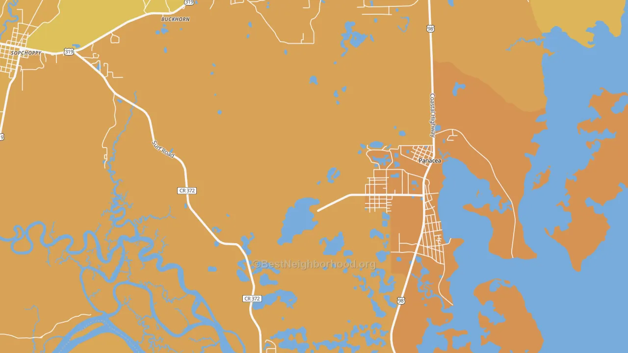 Map of the best neighborhoods in the Panacea Park area, with better matches in green and worse matches in red
