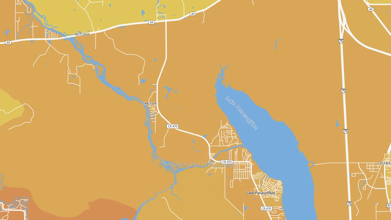 Map of the best neighborhoods in the Panacoochee Retreats area, with better matches in green and worse matches in red
