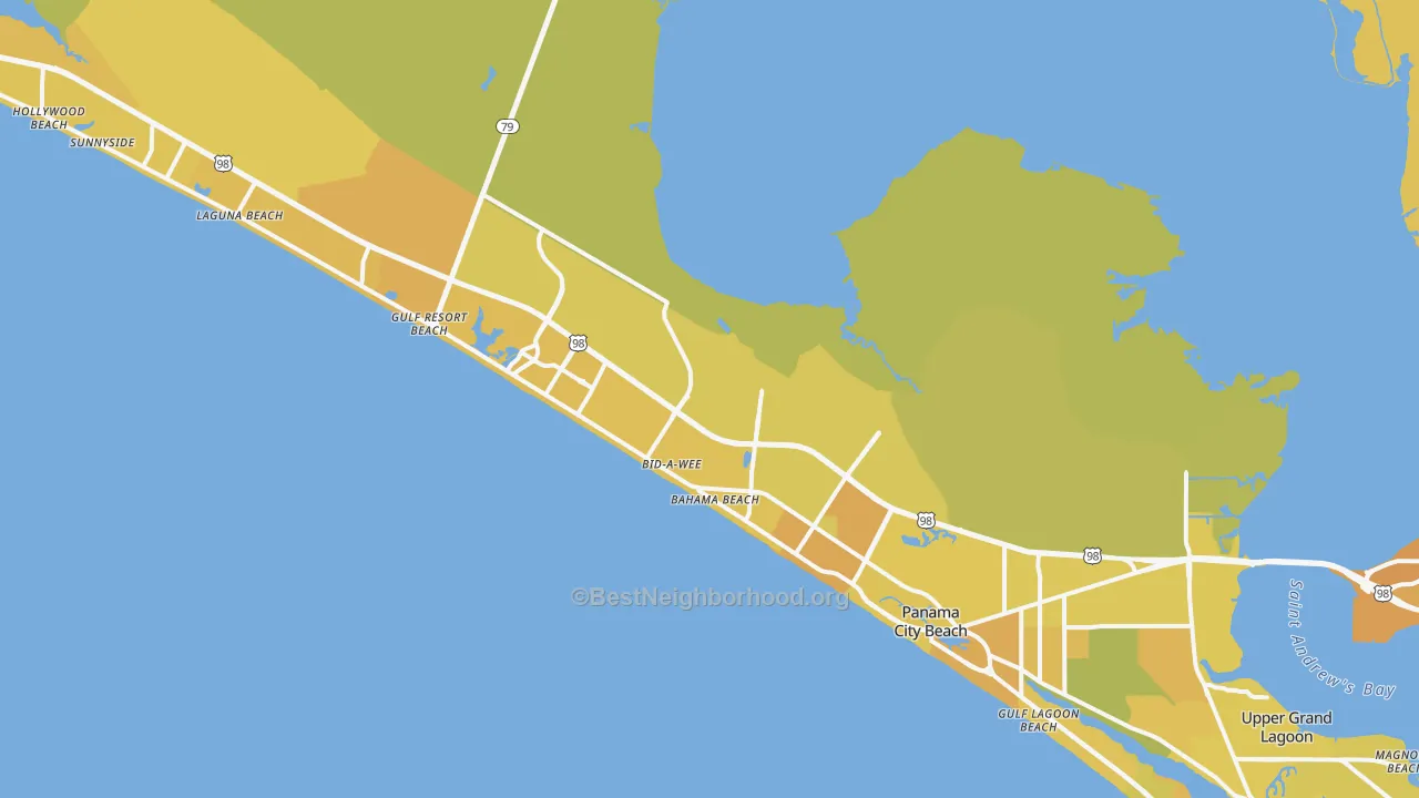 Map of the best neighborhoods in the Panama City Beach area, with better matches in green and worse matches in red