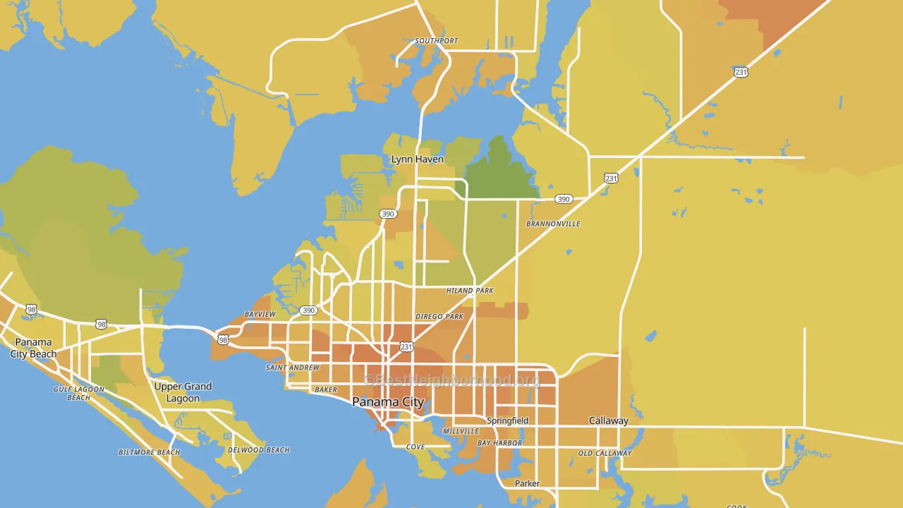 Map of the best neighborhoods in the Panama City Metro area, with better matches in green and worse matches in red