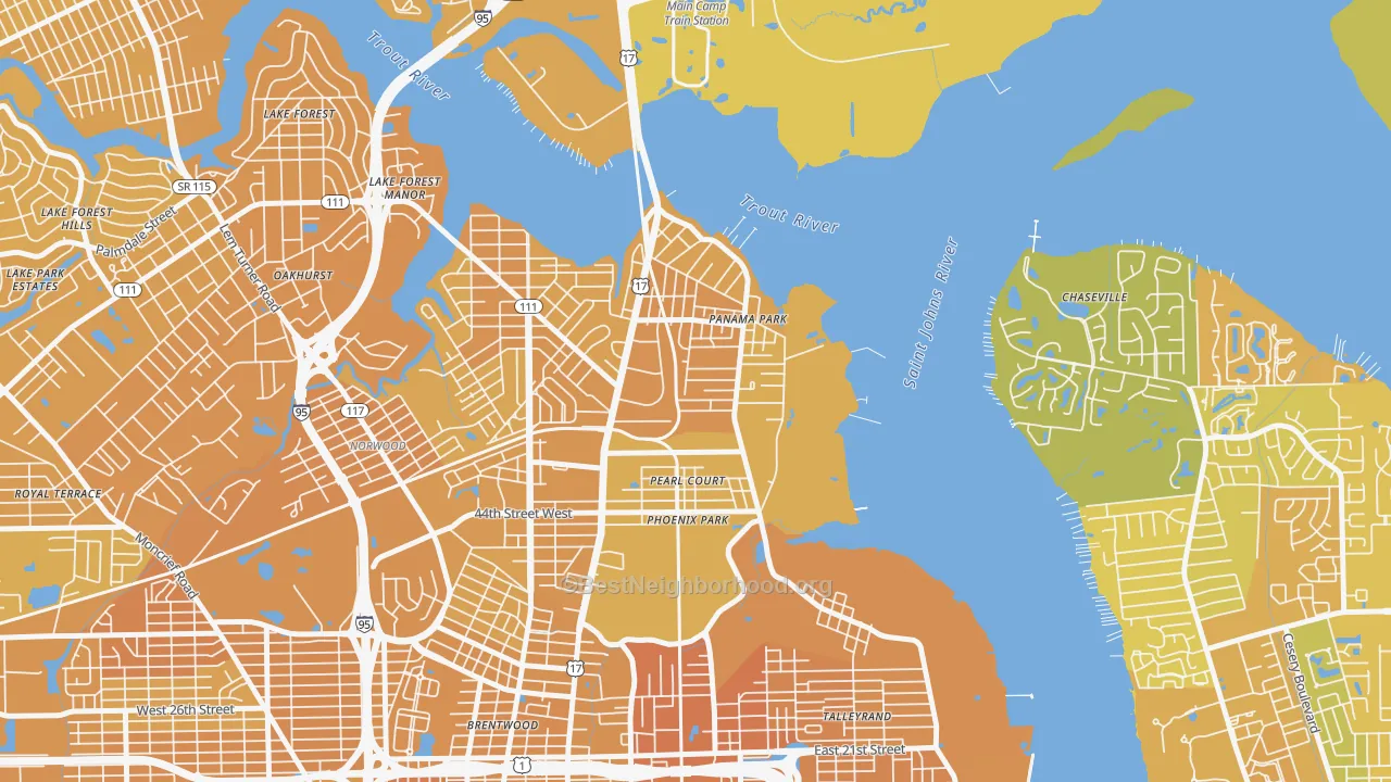 Map of the best neighborhoods in the Panama Park, Jacksonville area, with better matches in green and worse matches in red