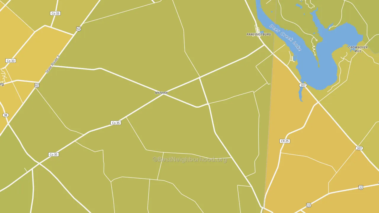 Map of the best neighborhoods in the Pancoastburg area, with better matches in green and worse matches in red