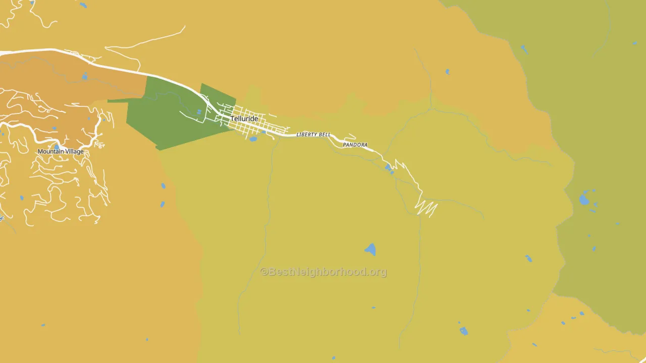 Map of the best neighborhoods in the Pandora area, with better matches in green and worse matches in red