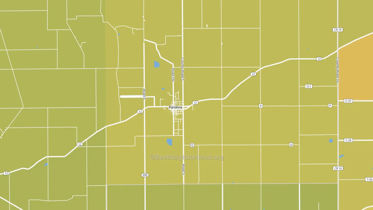 Map of the best neighborhoods in the Pandora area, with better matches in green and worse matches in red