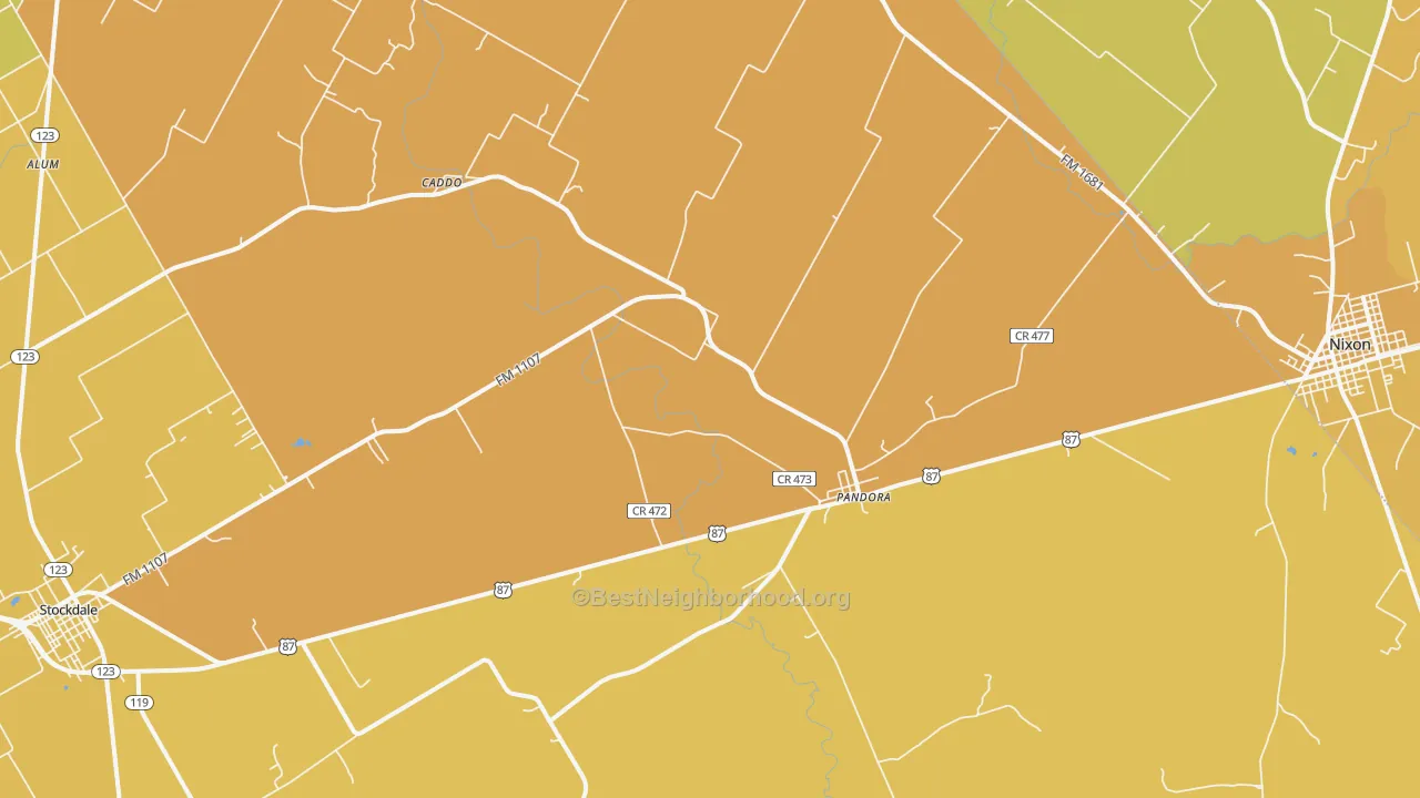 Map of the best neighborhoods in the Pandora area, with better matches in green and worse matches in red
