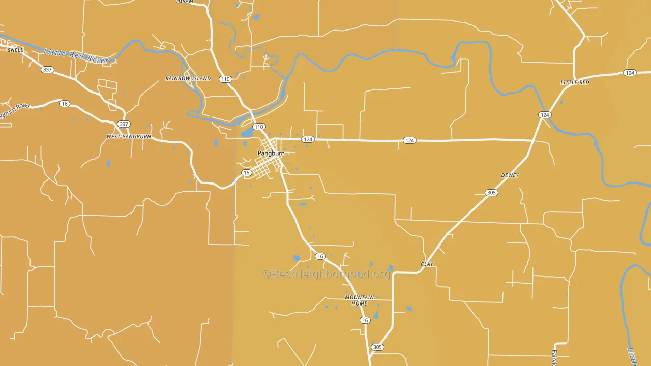 Map of the best neighborhoods in the Pangburn area, with better matches in green and worse matches in red