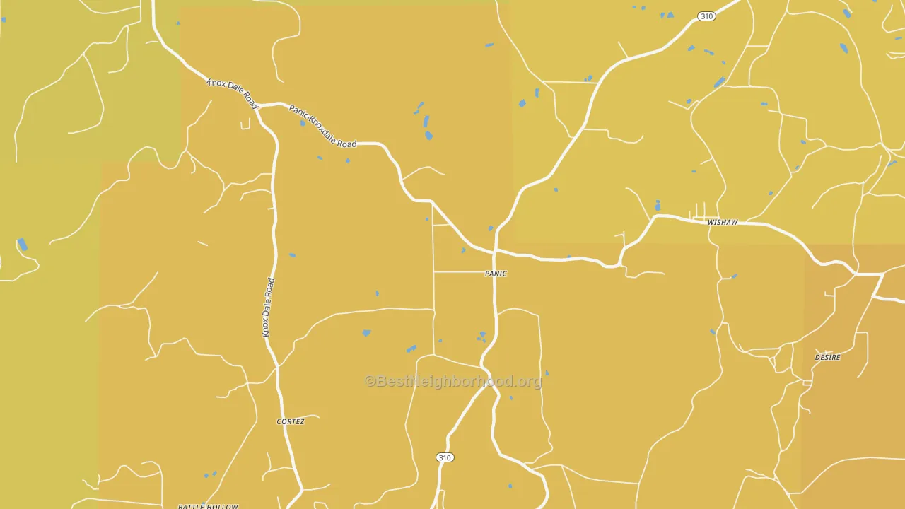 Map of the best neighborhoods in the Panic area, with better matches in green and worse matches in red