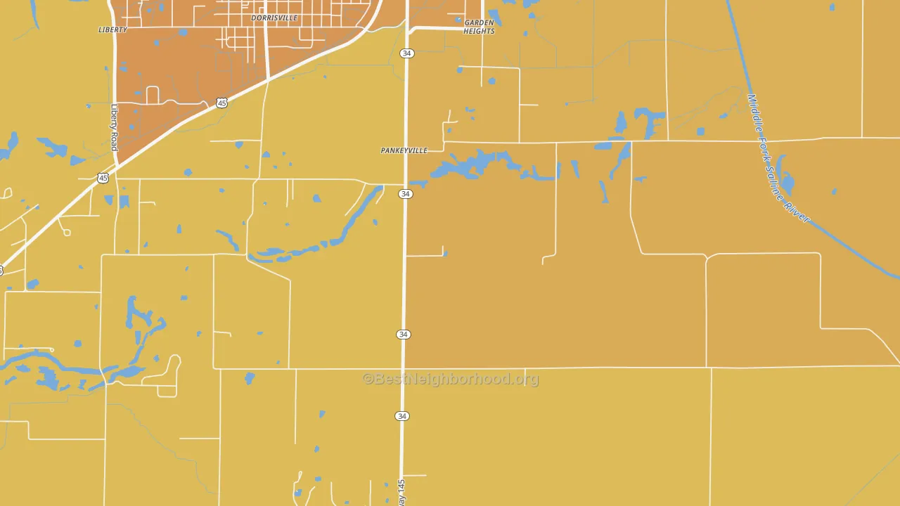 Map of the best neighborhoods in the Pankeyville area, with better matches in green and worse matches in red