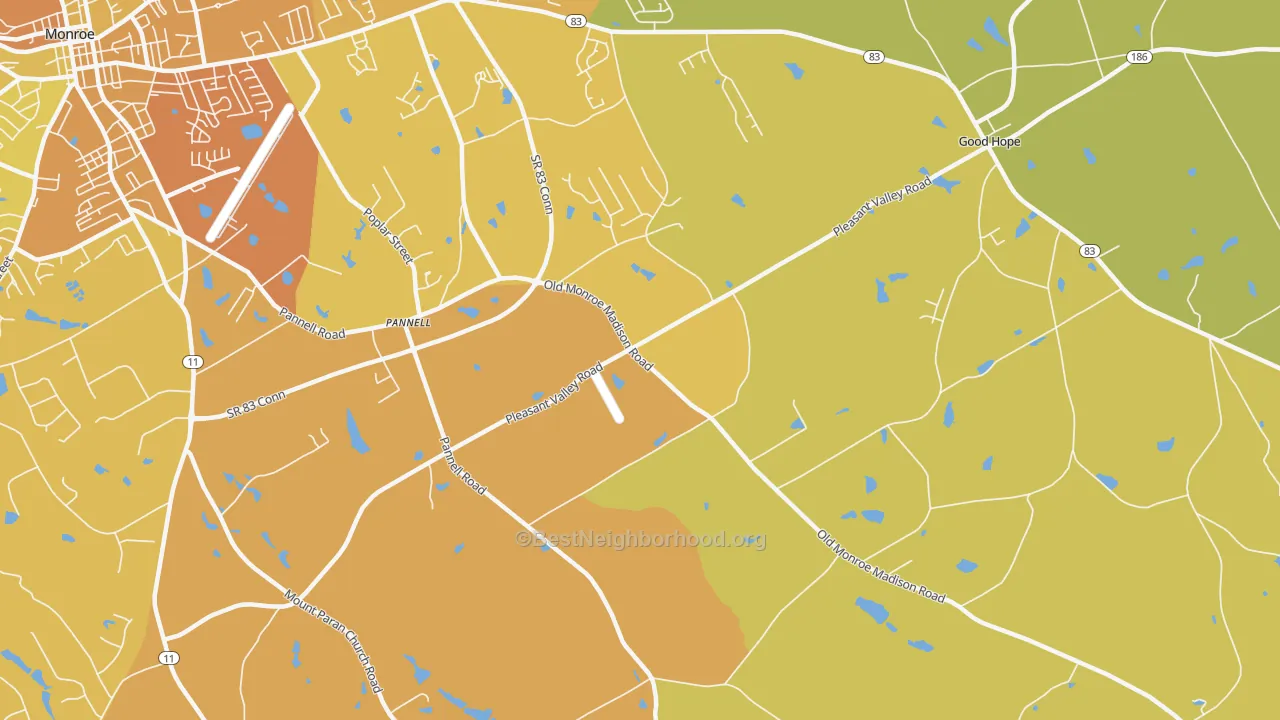 Map of the best neighborhoods in the Pannell area, with better matches in green and worse matches in red