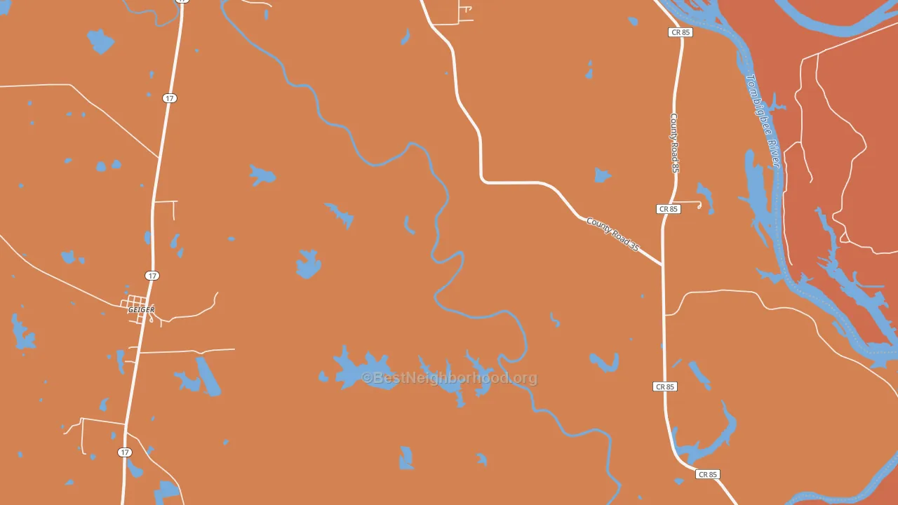 Map of the best neighborhoods in the Panola area, with better matches in green and worse matches in red