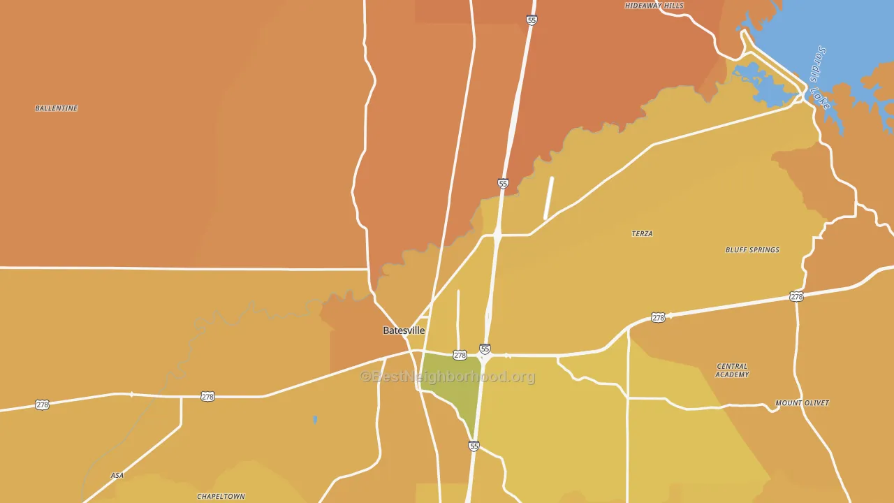 Map of the best neighborhoods in the Panola County area, with better matches in green and worse matches in red