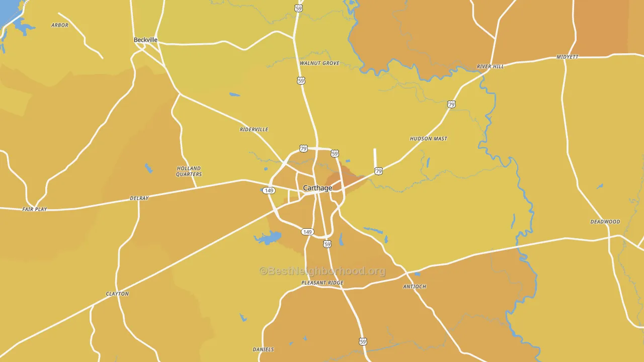 Map of the best neighborhoods in the Panola County area, with better matches in green and worse matches in red