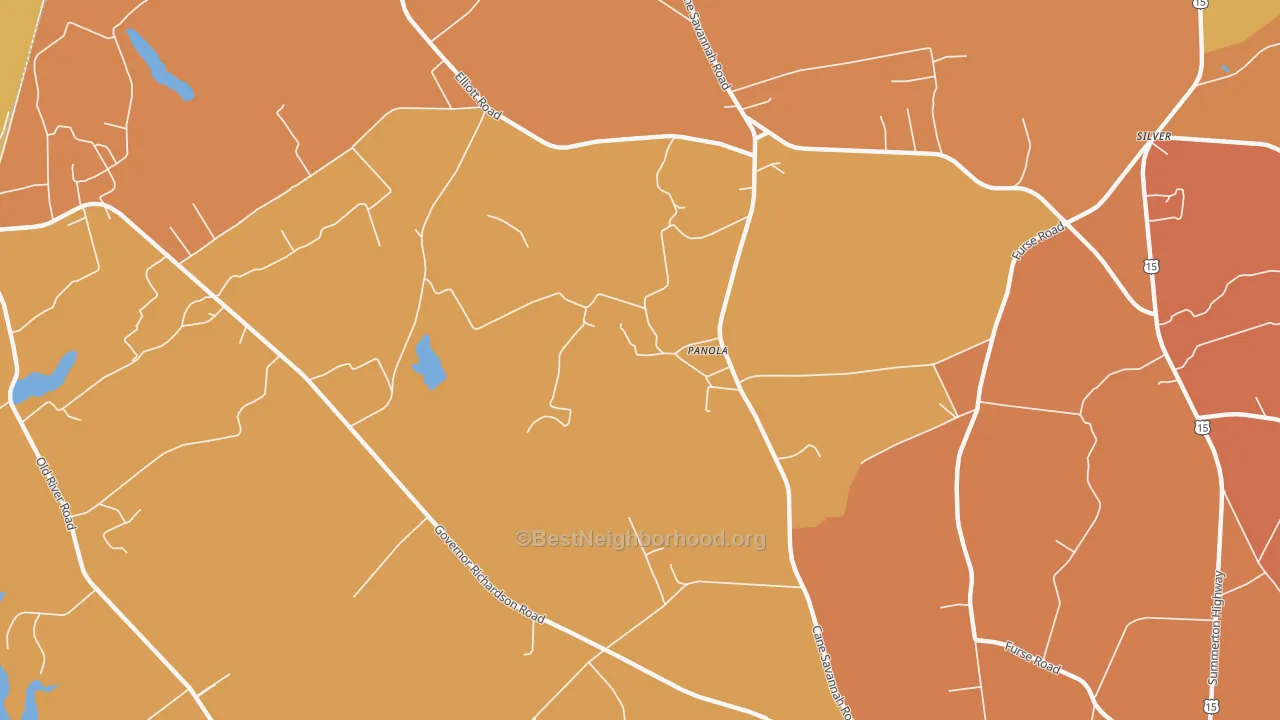 Map of the best neighborhoods in the Panola area, with better matches in green and worse matches in red