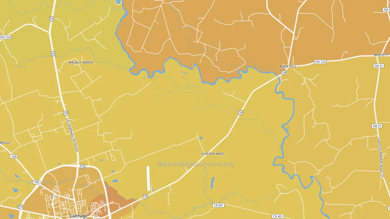 Map of the best neighborhoods in the Panola area, with better matches in green and worse matches in red