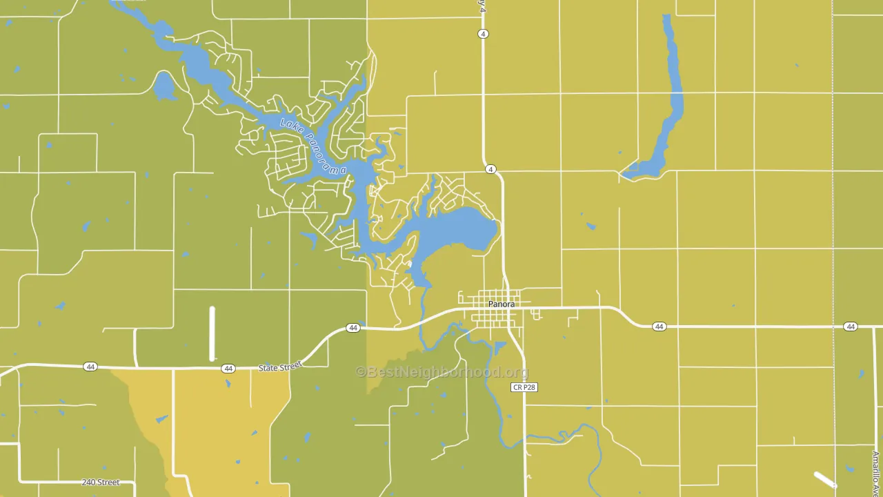 Map of the best neighborhoods in the Panora area, with better matches in green and worse matches in red