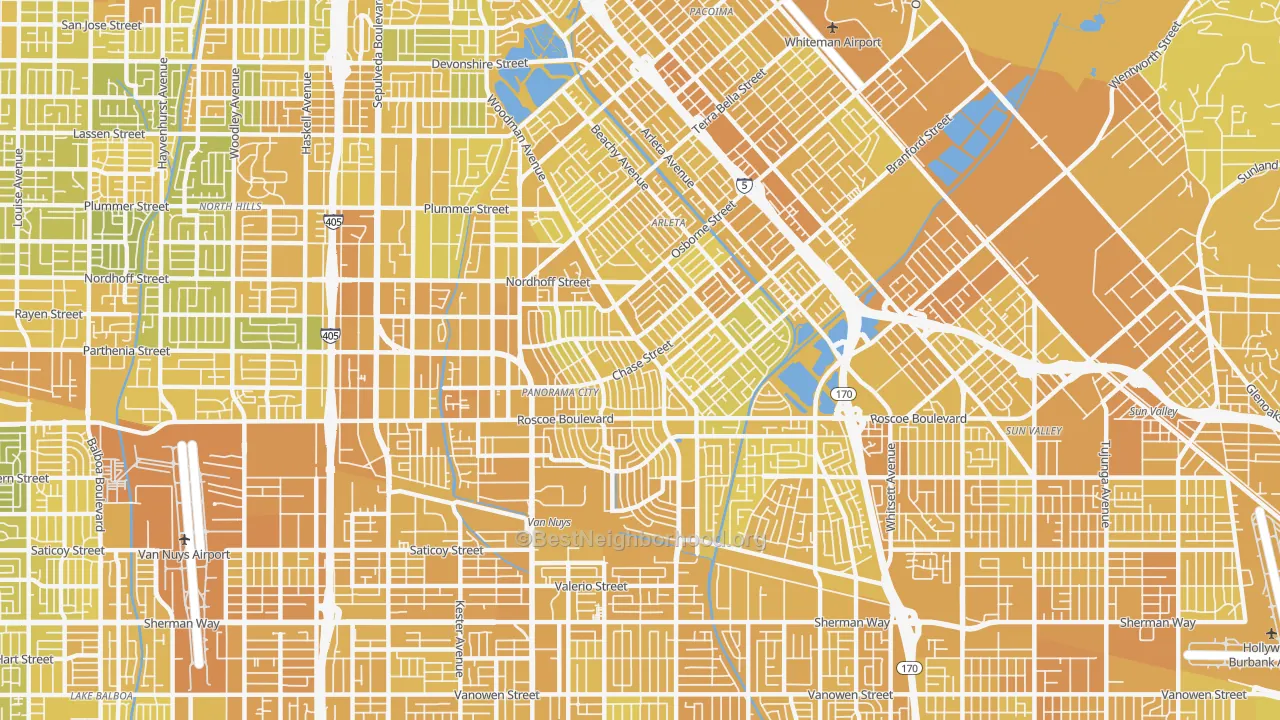 Map of the best neighborhoods in the Panorama City area, with better matches in green and worse matches in red