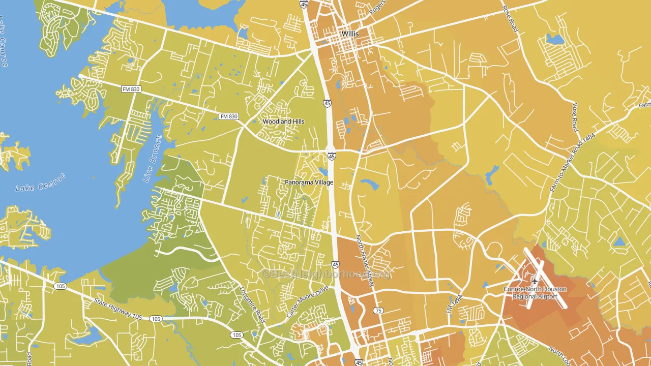 Map of the best neighborhoods in the Panorama Village area, with better matches in green and worse matches in red