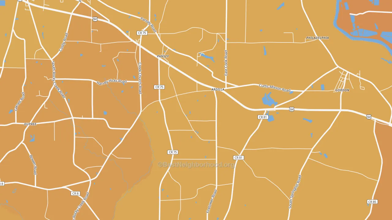 Map of the best neighborhoods in the Pansey area, with better matches in green and worse matches in red