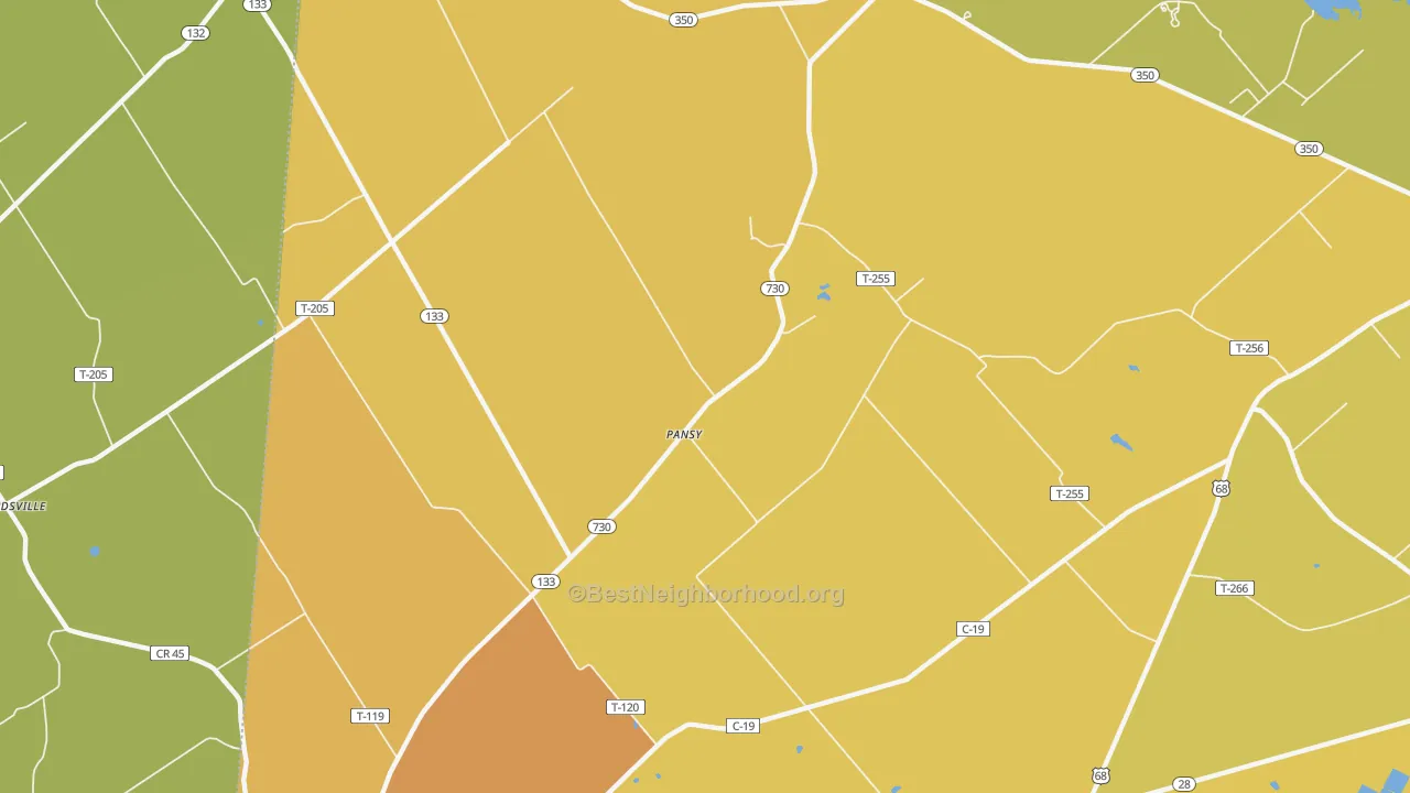 Map of the best neighborhoods in the Pansy area, with better matches in green and worse matches in red