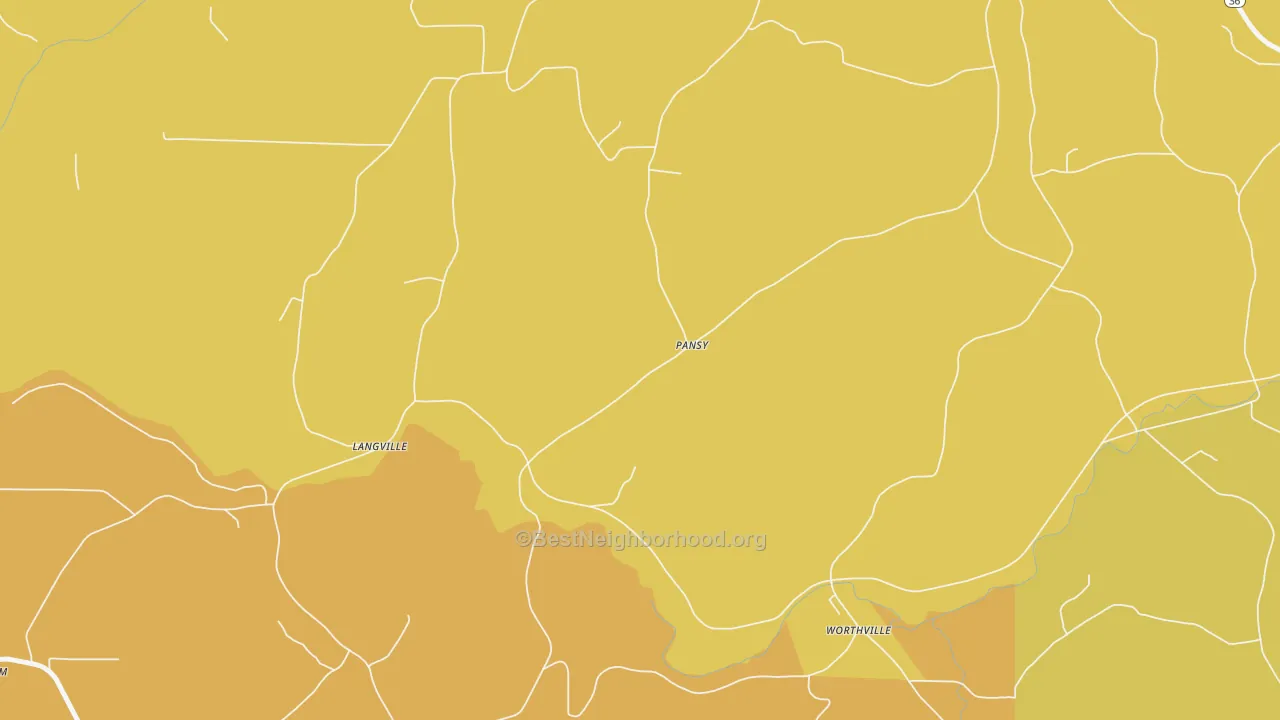 Map of the best neighborhoods in the Pansy area, with better matches in green and worse matches in red