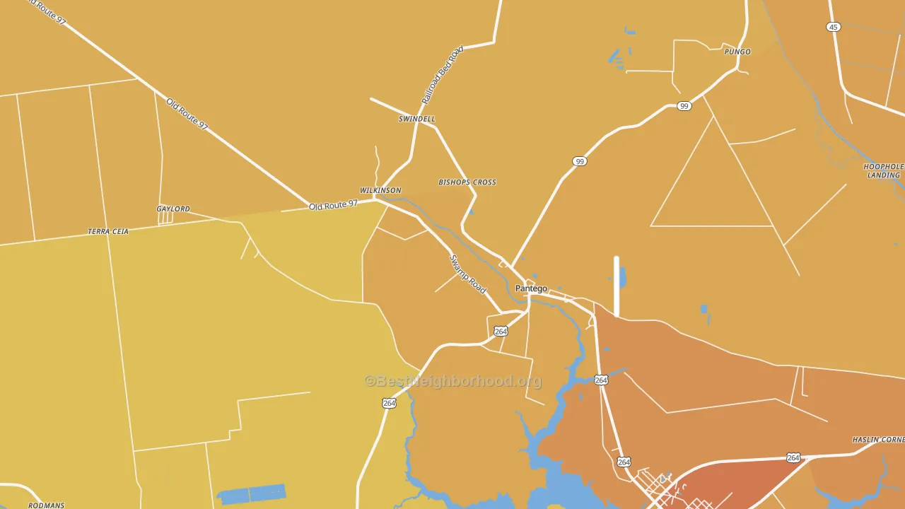 Map of the best neighborhoods in the Pantego area, with better matches in green and worse matches in red