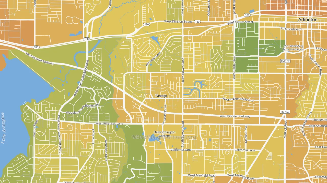 Map of the best neighborhoods in the Pantego area, with better matches in green and worse matches in red