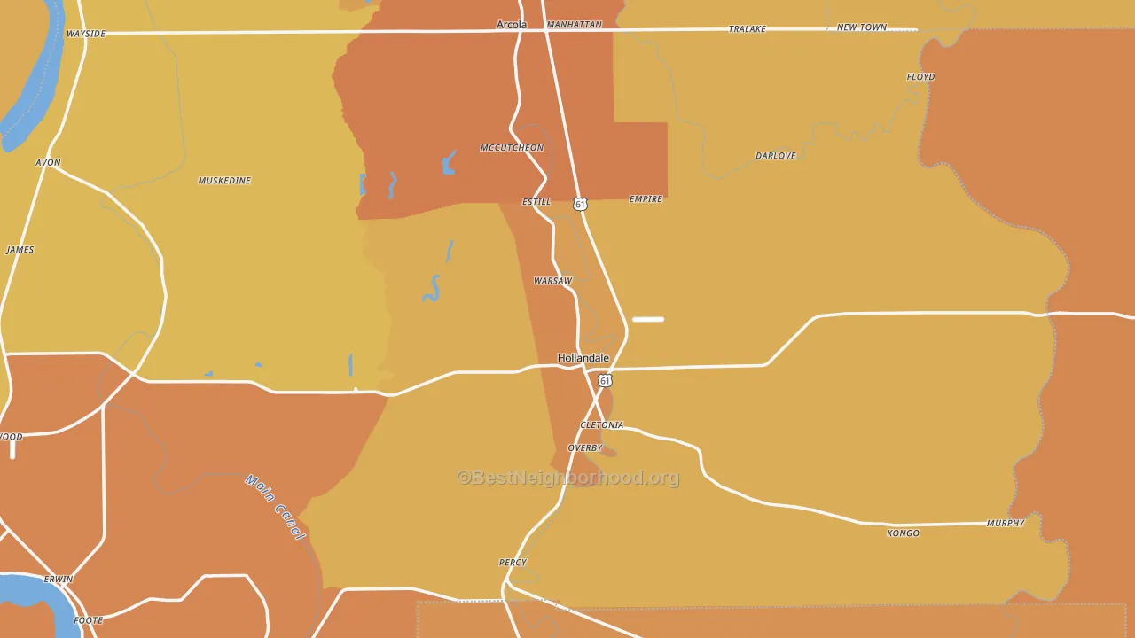 Map of the best neighborhoods in the Panther Burn area, with better matches in green and worse matches in red