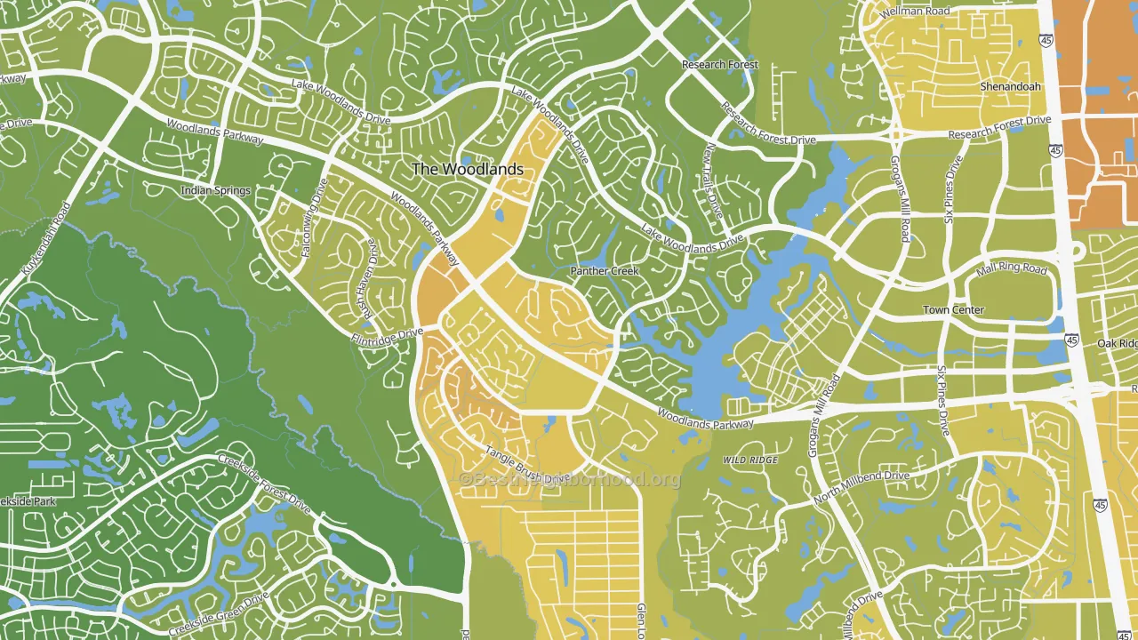 Map of the best neighborhoods in the Panther Creek, The Woodlands area, with better matches in green and worse matches in red