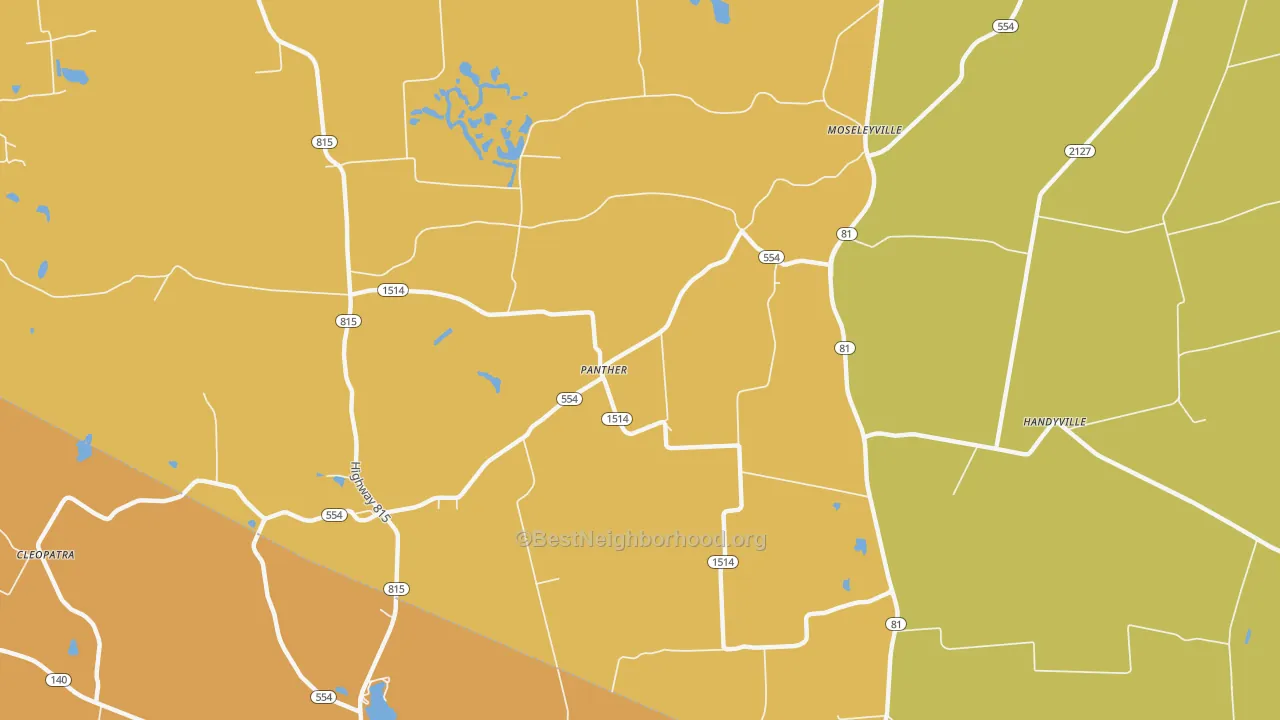 Map of the best neighborhoods in the Panther area, with better matches in green and worse matches in red
