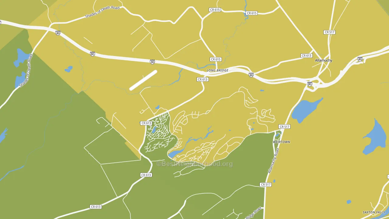 Map of the best neighborhoods in the Panther Valley area, with better matches in green and worse matches in red