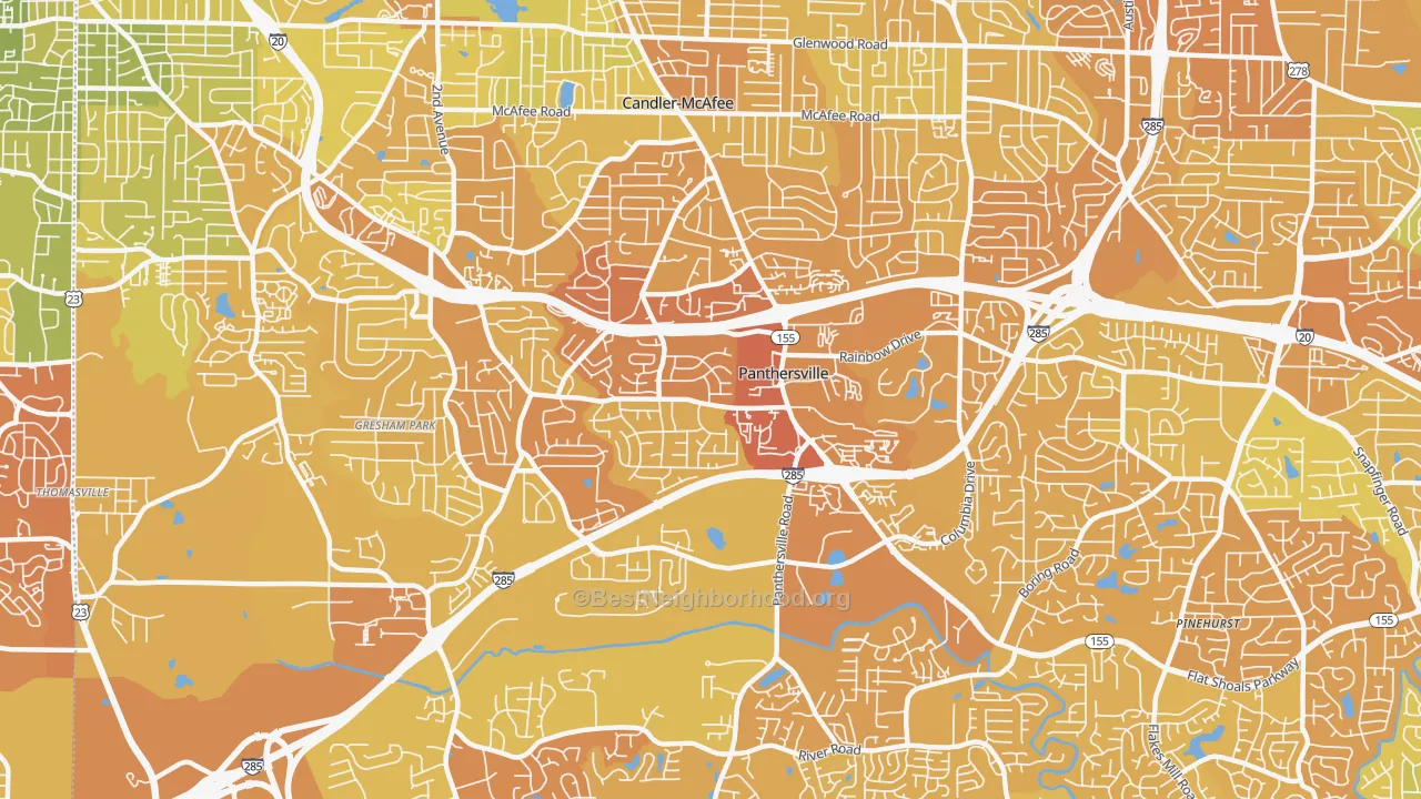 Map of the best neighborhoods in the Panthersville area, with better matches in green and worse matches in red