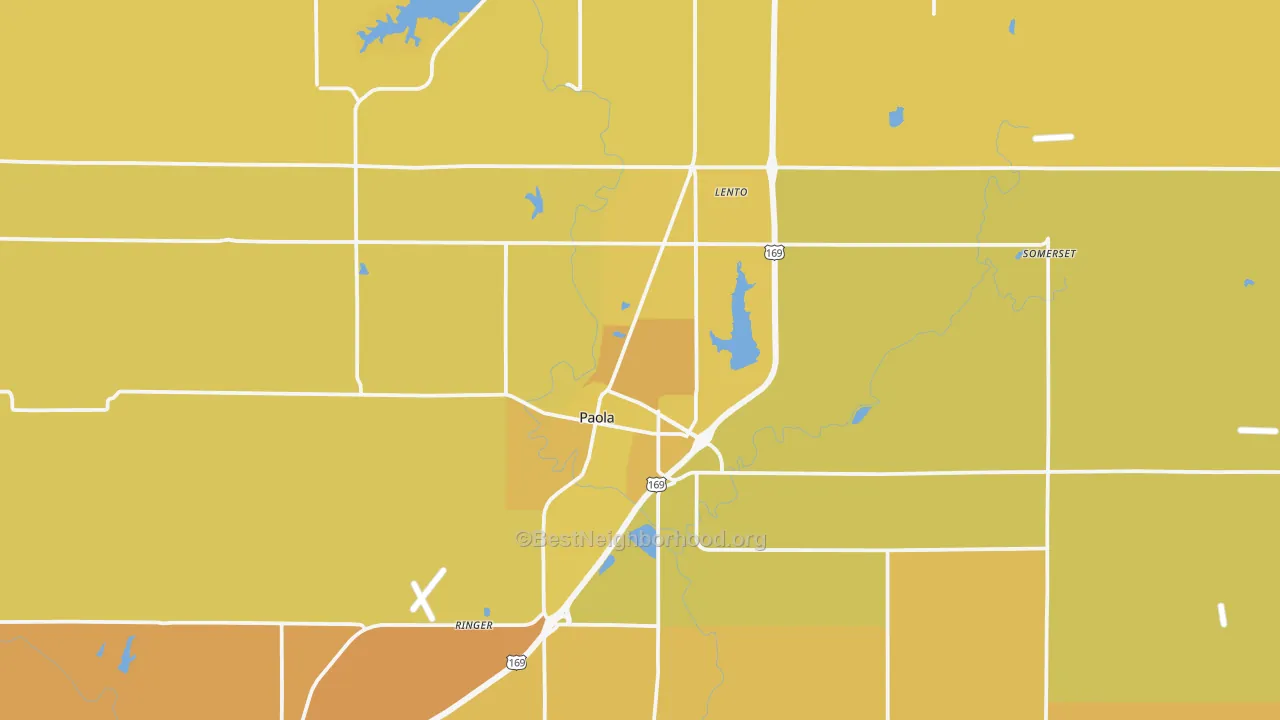 Map of the best neighborhoods in the Paola area, with better matches in green and worse matches in red