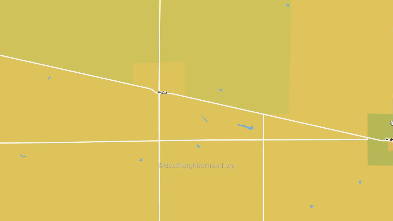 Map of the best neighborhoods in the Paoli area, with better matches in green and worse matches in red