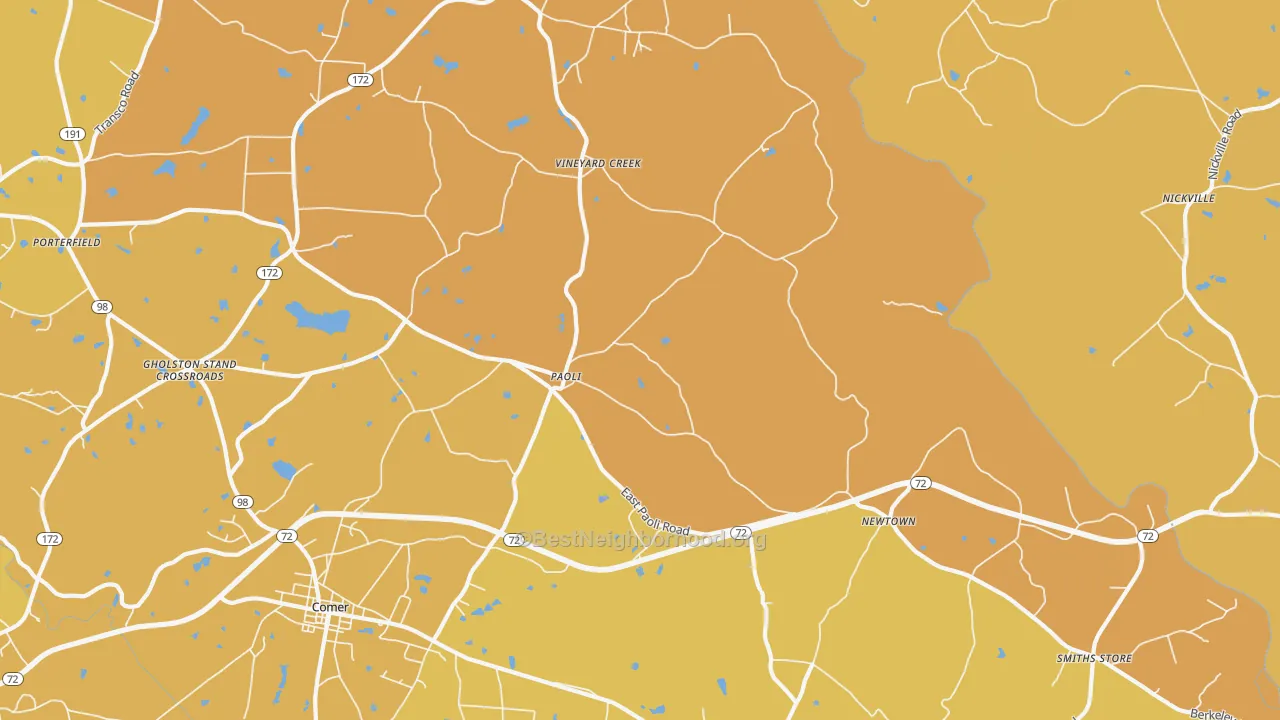 Map of the best neighborhoods in the Paoli area, with better matches in green and worse matches in red