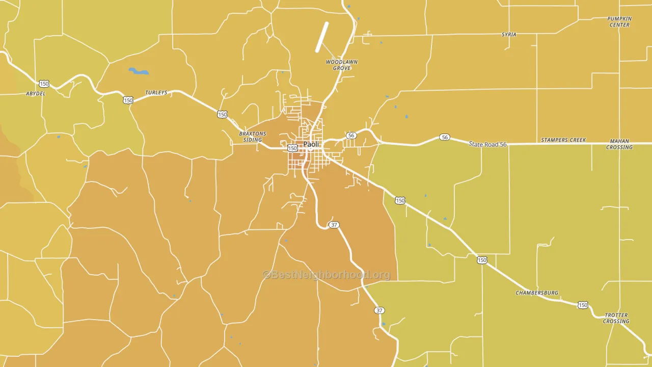 Map of the best neighborhoods in the Paoli area, with better matches in green and worse matches in red