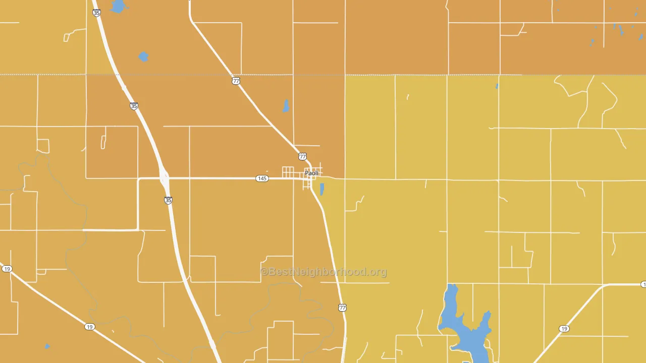 Map of the best neighborhoods in the Paoli area, with better matches in green and worse matches in red