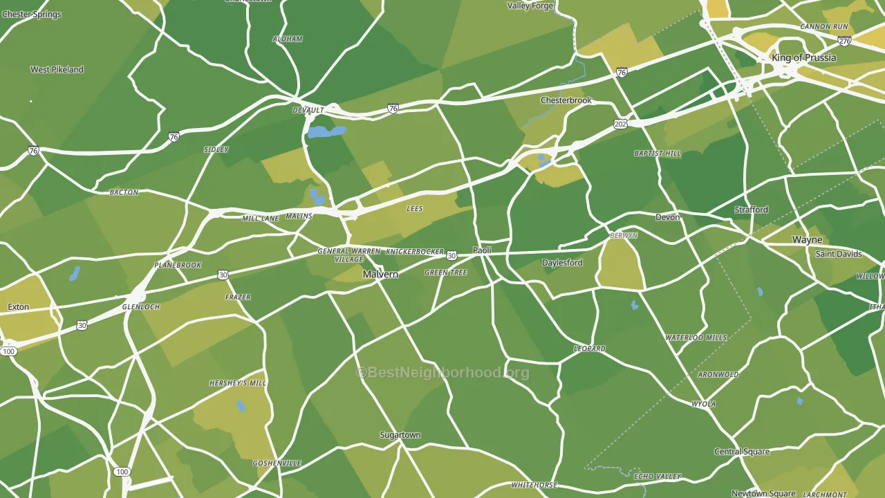 Map of the best neighborhoods in the Paoli area, with better matches in green and worse matches in red